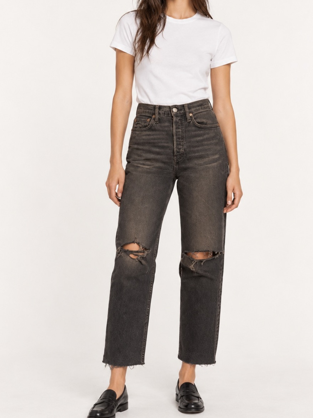 RE/DONE Originals High Rise Loose Jeans in Washed Black With Rips, size 27